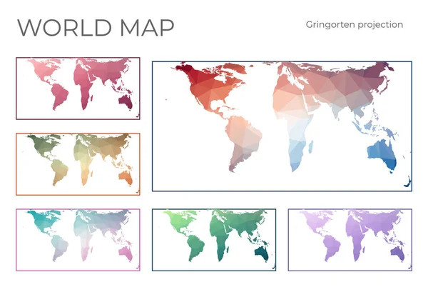 Low Poly World Map Set Gringorten Square Equal Area Projection — Vettoriale Stock