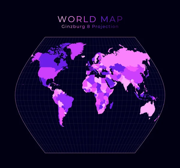 World Map Ginzburg VIII projection Digital world illustration Bright pink neon colors on dark