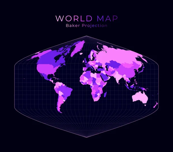 World Map Baker Dinomic projection Digital world illustration Bright pink neon colors on dark