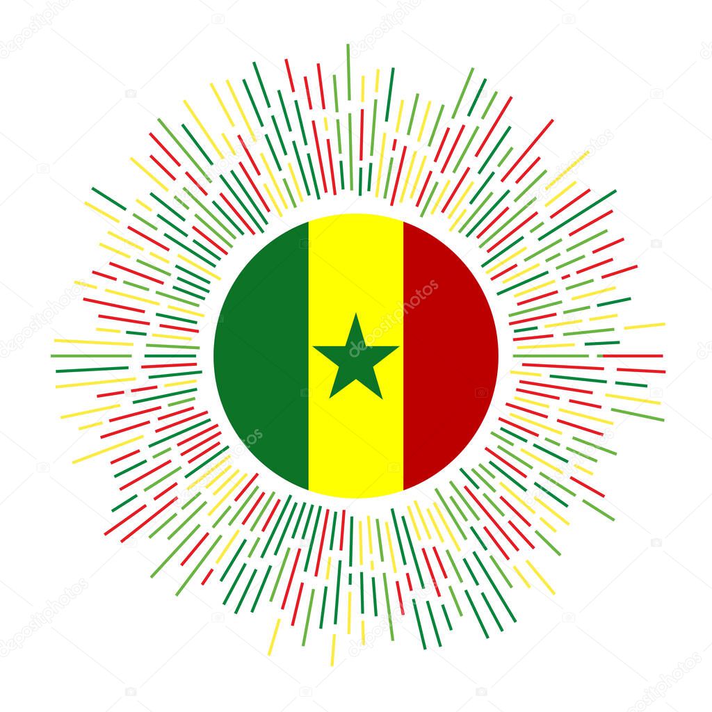 Senegal sign. Country flag with colorful rays. Radiant sunburst with Senegal flag. Vector illustration.