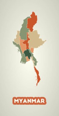 Myanmar poster in retro style. Map of the country with regions in autumn color palette. Shape of Myanmar with country name. Superb vector illustration.