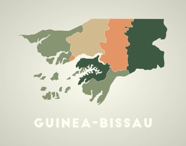 Gine-Bissau posteri eski moda. Sonbahar renk paletinde bölgeleri olan ülke haritası. Gine-Bissau 'nun ülke isimli şekli. Vektör illüstrasyonu çağrıştırılıyor.