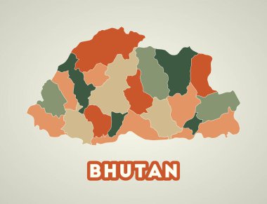 Bhutan poster in retro style. Map of the country with regions in autumn color palette. Shape of Bhutan with country name. Captivating vector illustration.