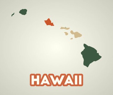 Hawaii poster in retro style. Map of the us state with regions in autumn color palette. Shape of Hawaii with us state name. Vibrant vector illustration.