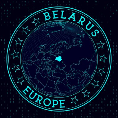 Belarus round sign. Futuristic satelite view of the world centered to Belarus. Country badge with map, round text and binary background. Superb vector illustration.