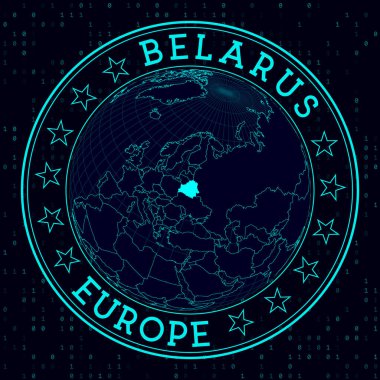 Belarus round sign. Futuristic satelite view of the world centered to Belarus. Country badge with map, round text and binary background. Superb vector illustration. clipart