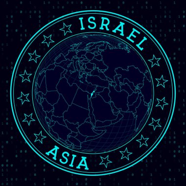 İsrail yuvarlak işareti. İsrail 'in merkezindeki dünyaya dair fütürist uydu görüşü. Haritalı ülke rozeti, yuvarlak metin ve ikili arkaplan. Cool vektör illüstrasyonu.