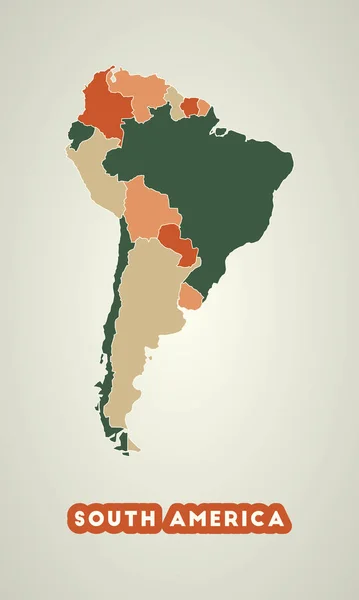 Плакат Южной Америки Стиле Ретро Карта Континента Областями Осенней Цветовой — стоковый вектор
