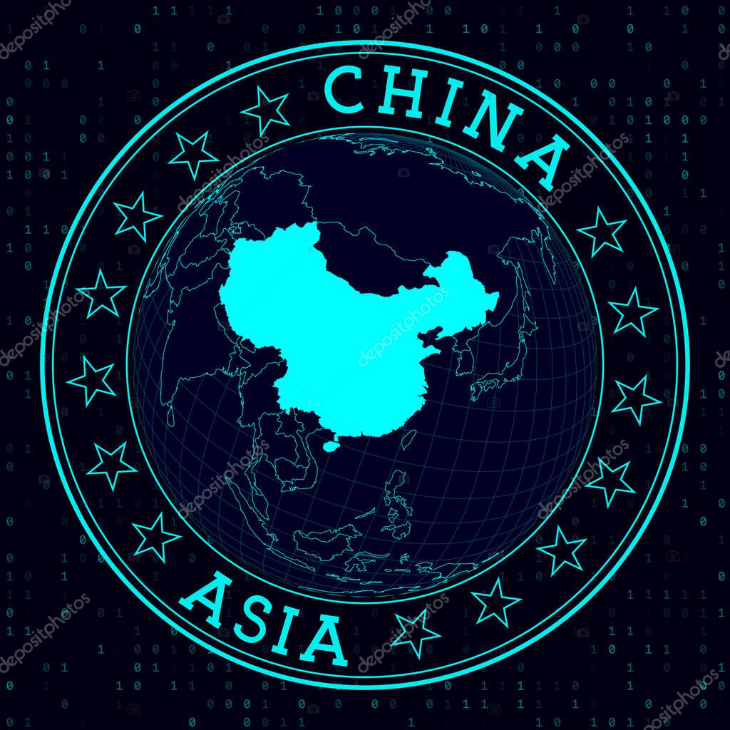 China round sign. Futuristic satelite view of the world centered to China. Country badge with map, round text and binary background. Captivating vector illustration.