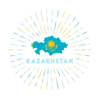 Kazakistan güneş patlaması rozeti. Ülke, Kazakistan haritasıyla Kazakistan bayrağını imzaladı. Logonun etrafına renkli ışınlar. Vektör illüstrasyonu.