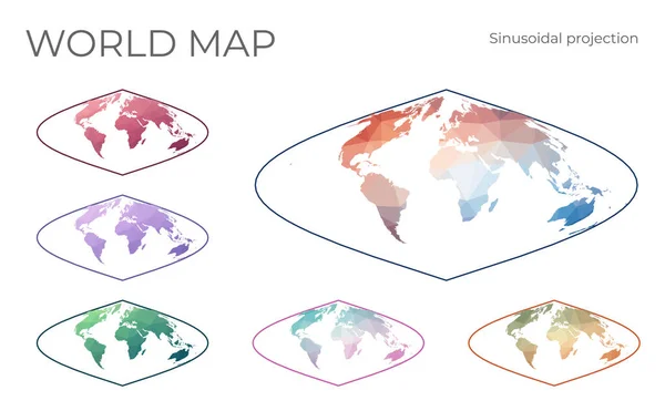 Low Poly World Map Set Sinusoidal Projection Collection World Maps — Vettoriale Stock