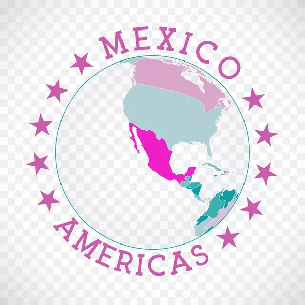 México logotipo redondo emblema do país com mapa de México no contexto mundial País selo adesivo com — Vetor de Stock