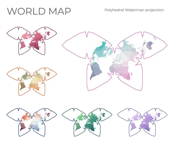 Low Poly World Map Set Steve Watermans vlinder projectie Verzameling van de wereldkaarten in — Stockvector