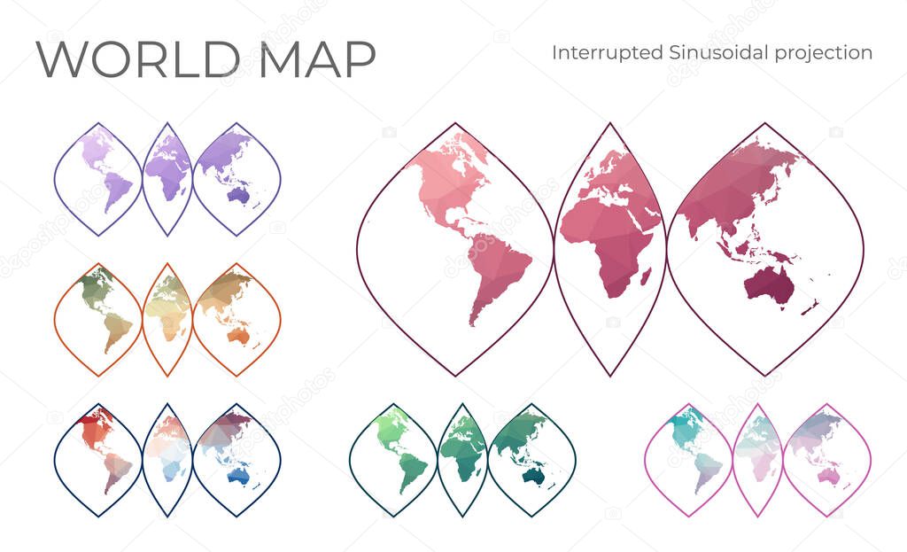 Low Poly World Map Set. Interrupted sinusoidal projection. Collection of the world maps in geometric style. Vector illustration.