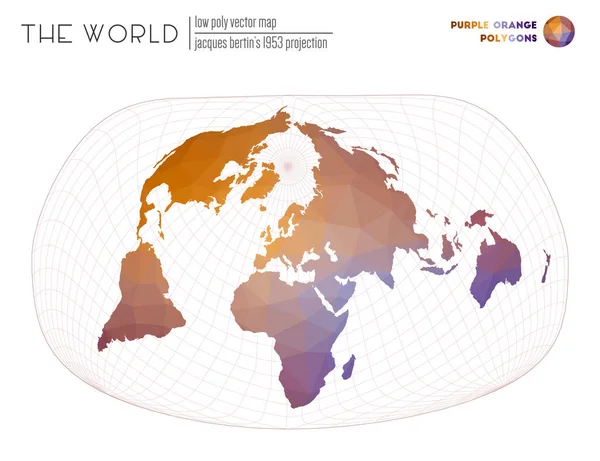 Mappa poligonale del mondo Jacques Bertins 1953 proiezione del mondo Viola Arancione — Vettoriale Stock