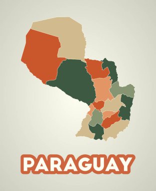 Paraguay poster in retro style. Map of the country with regions in autumn color palette. Shape of Paraguay with country name. Stylish vector illustration.