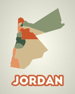 Jordan poster in retro style. Map of the country with regions in autumn color palette. Shape of Jordan with country name. Superb vector illustration.