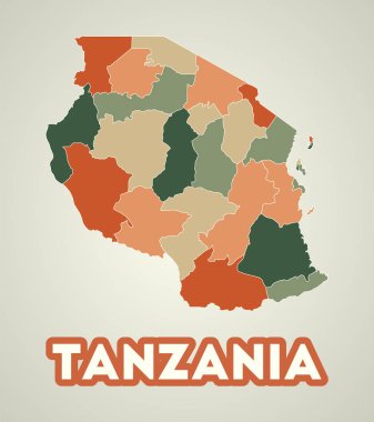 Tanzania poster in retro style. Map of the country with regions in autumn color palette. Shape of Tanzania with country name. Appealing vector illustration.