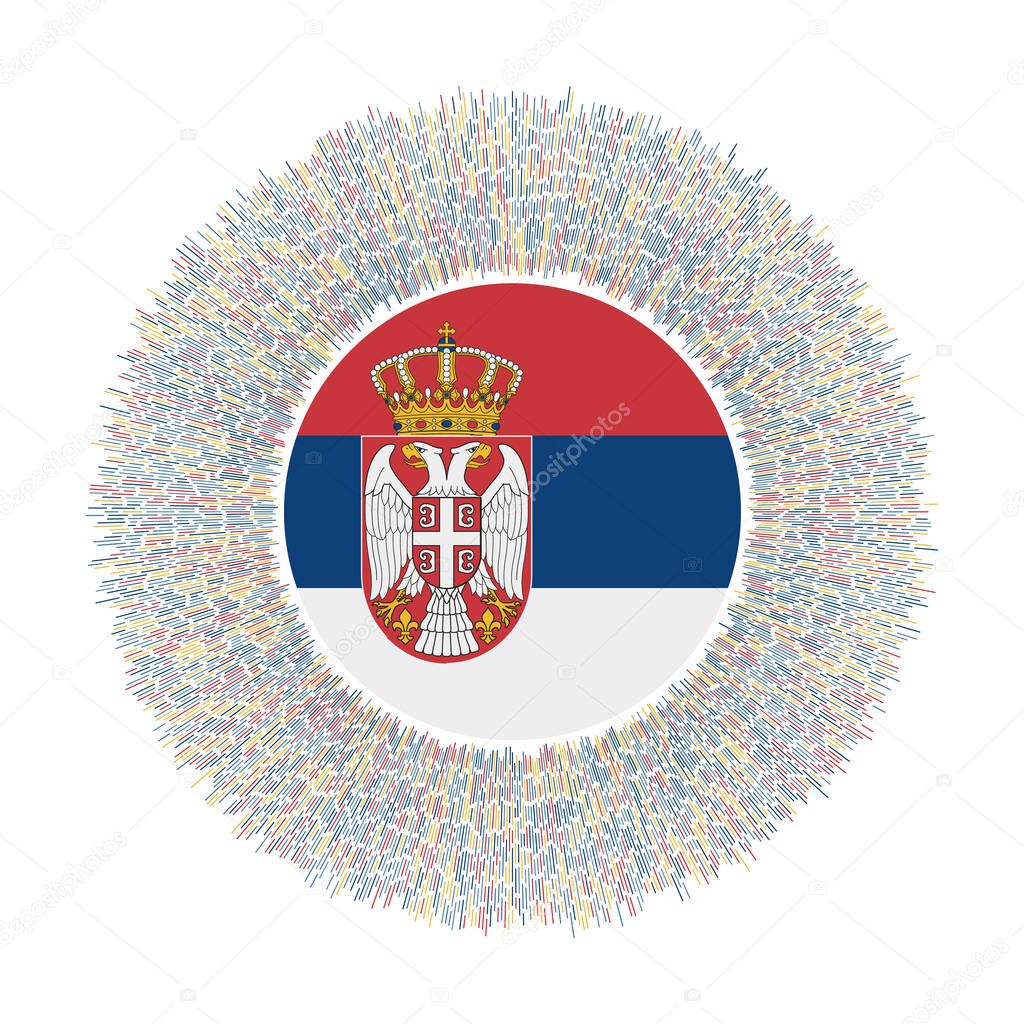 Flag of Serbia with colorful rays. Radiant country sign. Shiny sunburst with Serbia flag. Trendy vector illustration.