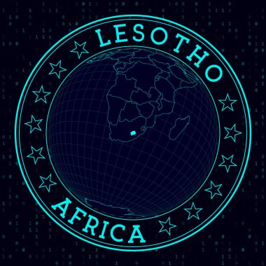 Lesotho round sign. Futuristic satelite view of the world centered to Lesotho. Country badge with map, round text and binary background. Authentic vector illustration.