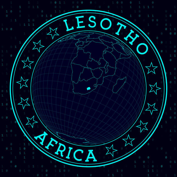 Lesotho round sign. Futuristic satelite view of the world centered to Lesotho. Country badge with map, round text and binary background. Authentic vector illustration.