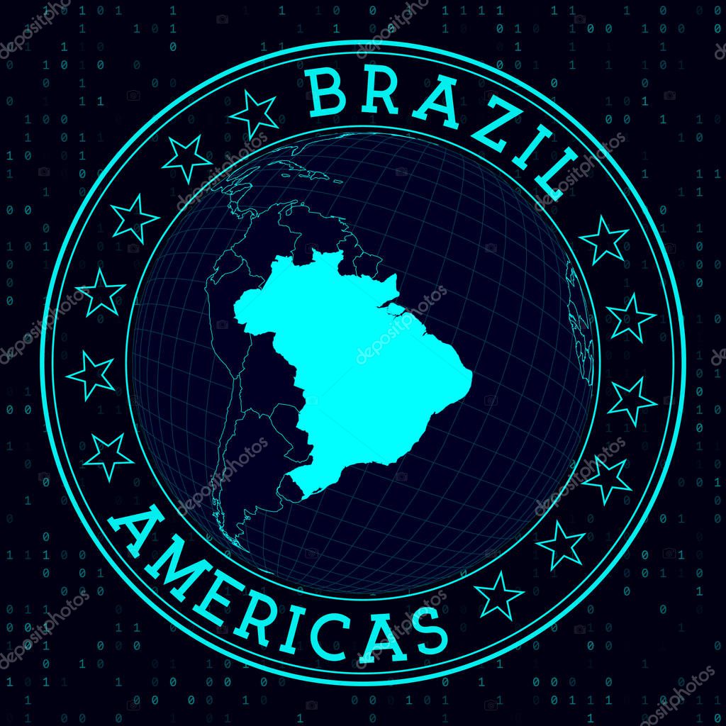 Brazil round sign. Futuristic satelite view of the world centered to Brazil. Country badge with map, round text and binary background. Amazing vector illustration.