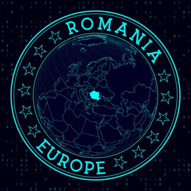 Romania round sign. Futuristic satelite view of the world centered to Romania. Country badge with map, round text and binary background. Amazing vector illustration.