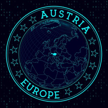Avusturya yuvarlak işareti. Avusturya 'nın merkezindeki dünyaya dair fütürist uydu görüşü. Haritalı ülke rozeti, yuvarlak metin ve ikili arkaplan. Etkileyici vektör illüstrasyonu.