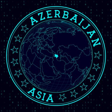 Azerbaycan yuvarlak işareti. Azerbaycan 'ın merkezindeki dünyanın gelecekteki uydu görüntüsü. Haritalı ülke rozeti, yuvarlak metin ve ikili arkaplan. Klas vektör illüstrasyonu.