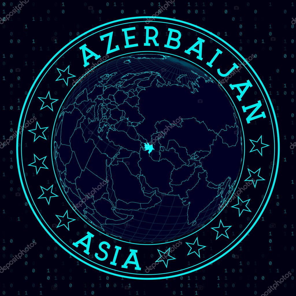 Azerbaijan round sign. Futuristic satelite view of the world centered to Azerbaijan. Country badge with map, round text and binary background. Classy vector illustration.