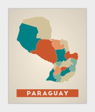 Paraguay poster. Map of the country with colorful regions. Shape of Paraguay with country name. Artistic vector illustration.