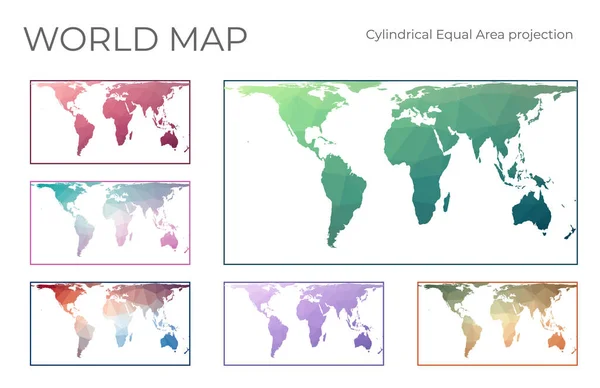 Low Poly World Map Set Cylindrical Equal Area Projection Collection — Vettoriale Stock