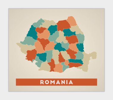 Romanya posteri. Renkli bölgeleri olan bir ülke haritası. Romanya 'nın ülke adına sahip şekli. Otantik vektör illüstrasyonu.
