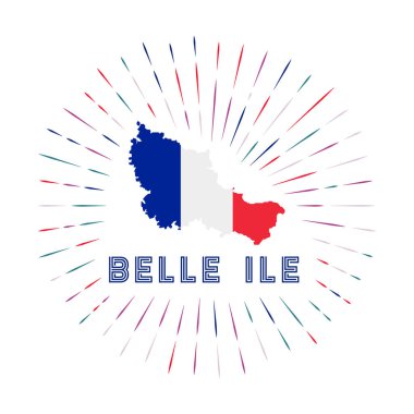 Belle Ile sunburst badge. The island sign with map of Belle Ile with French flag. Colorful rays around the logo. Vector illustration.