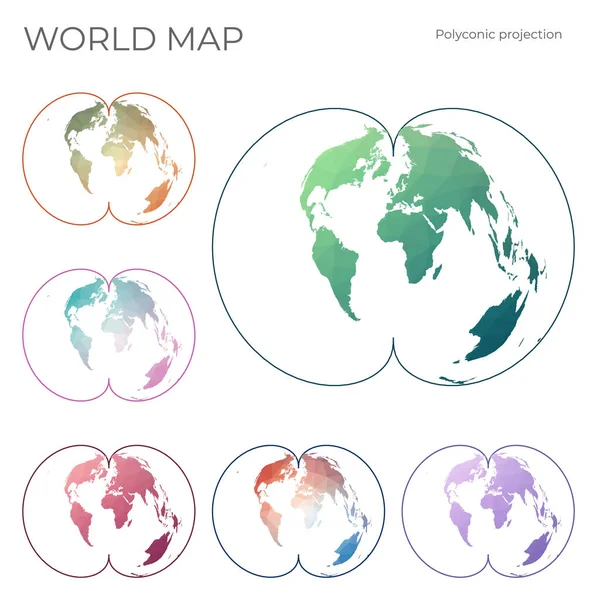 Low Poly World Map Set American Polyconic Projection Collection World — Vettoriale Stock