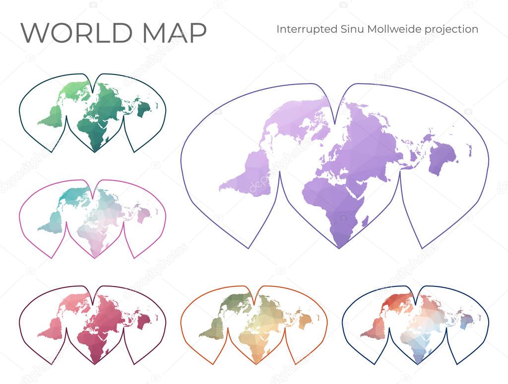 Low Poly World Map Set. Alan K. Philbrick%27s interrupted sinu-Mollweide projection. Collection of the world maps in geometric style. Vector illustration.