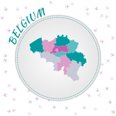 Belgium map design. Map of the country with regions in emerald-amethyst color palette. Rounded travel to Belgium poster with country name and airplanes background. Stylish vector illustration.