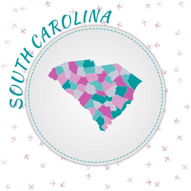 South Carolina map design. Map of the us state with regions in emerald-amethyst color palette. Rounded travel to South Carolina poster with us state name and airplanes background.