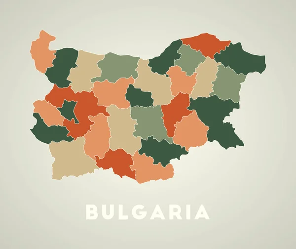 Bulgária poster em estilo retro Mapa do país com regiões na paleta de cores do outono Forma de —  Vetores de Stock