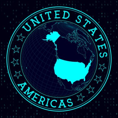 USA round sign. Futuristic satelite view of the world centered to USA. Country badge with map, round text and binary background. Creative vector illustration.
