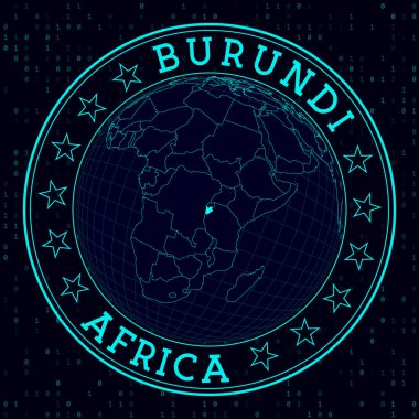 Burundi yuvarlak işareti. Burundi 'nin merkezindeki dünyanın gelecekteki uydu görüntüsü. Haritalı ülke rozeti, yuvarlak metin ve ikili arkaplan. Cool vektör illüstrasyonu.