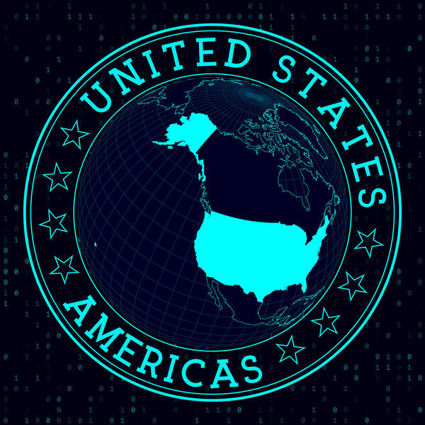 USA round sign. Futuristic satelite view of the world centered to USA. Country badge with map, round text and binary background. Creative vector illustration.