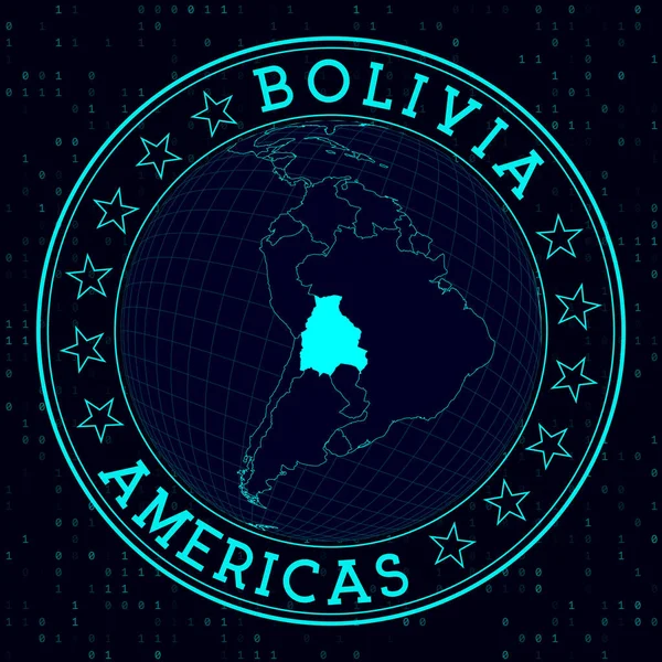ボリビアラウンドサイン ボリビアを中心とした世界の未来的衛星観 丸テキストとバイナリの背景を持つ国のバッジ 鮮やかなベクターイラスト — ストックベクタ