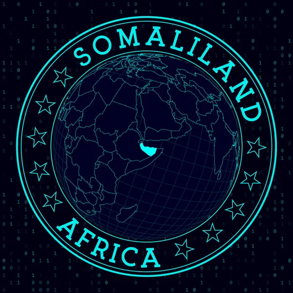 Somaliland round sign. Futuristic satelite view of the world centered to Somaliland. Country badge with map, round text and binary background. Classy vector illustration.