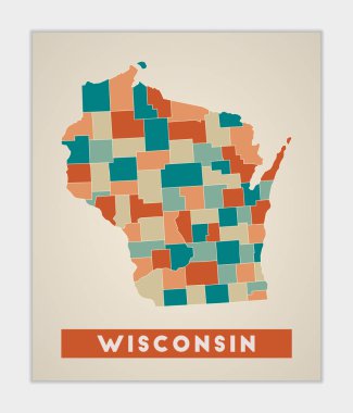 Wisconsin posteri. Amerika 'nın renkli bölgeleriyle ilgili haritası. Wisconsin 'in şekli ve eyalet adımız. Güzel vektör illüstrasyonu.