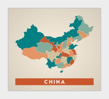 China poster. Map of the country with colorful regions. Shape of China with country name. Modern vector illustration.