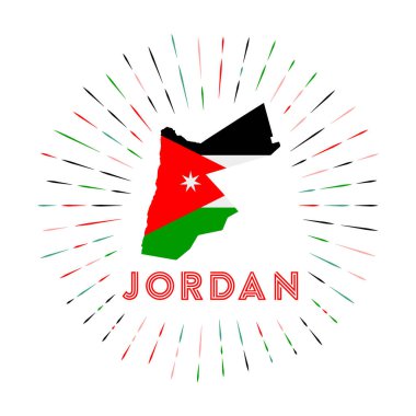 Jordan sunburst badge. The country sign with map of Jordan with Jordanian flag. Colorful rays around the logo. Vector illustration.