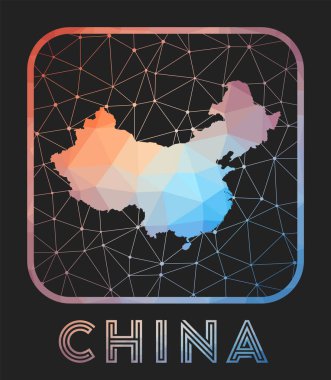 China map design. Vector low poly map of the country. China icon in geometric style. The country shape with polygnal gradient and mesh on dark background.