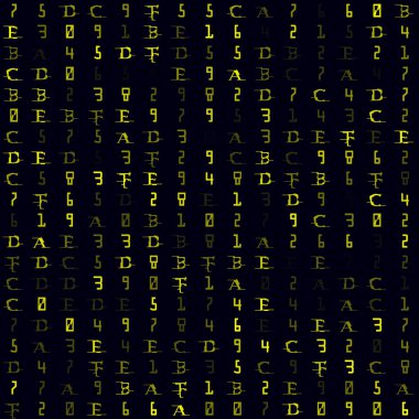 Abstract Matrix Pattern. Yellow filled hexademical seamless pattern. Elegant background. Powerful vector illustration.