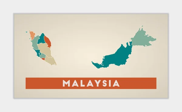 マレーシアのポスター カラフルな地域で国の地図 マレーシアの形に国名がついています 魅力的なベクトルイラスト — ストックベクタ